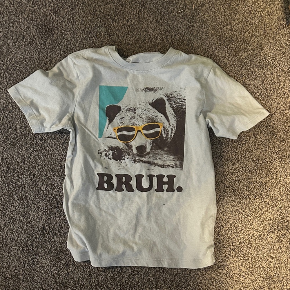 Graphic 'BRUH.' Bear Tee in Light Blue with Yellow Sunglasses